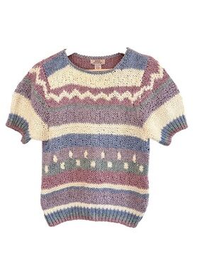 VTG Junior Exchange Pastel Striped Short Sleeve Silk Blend Knit Sweater